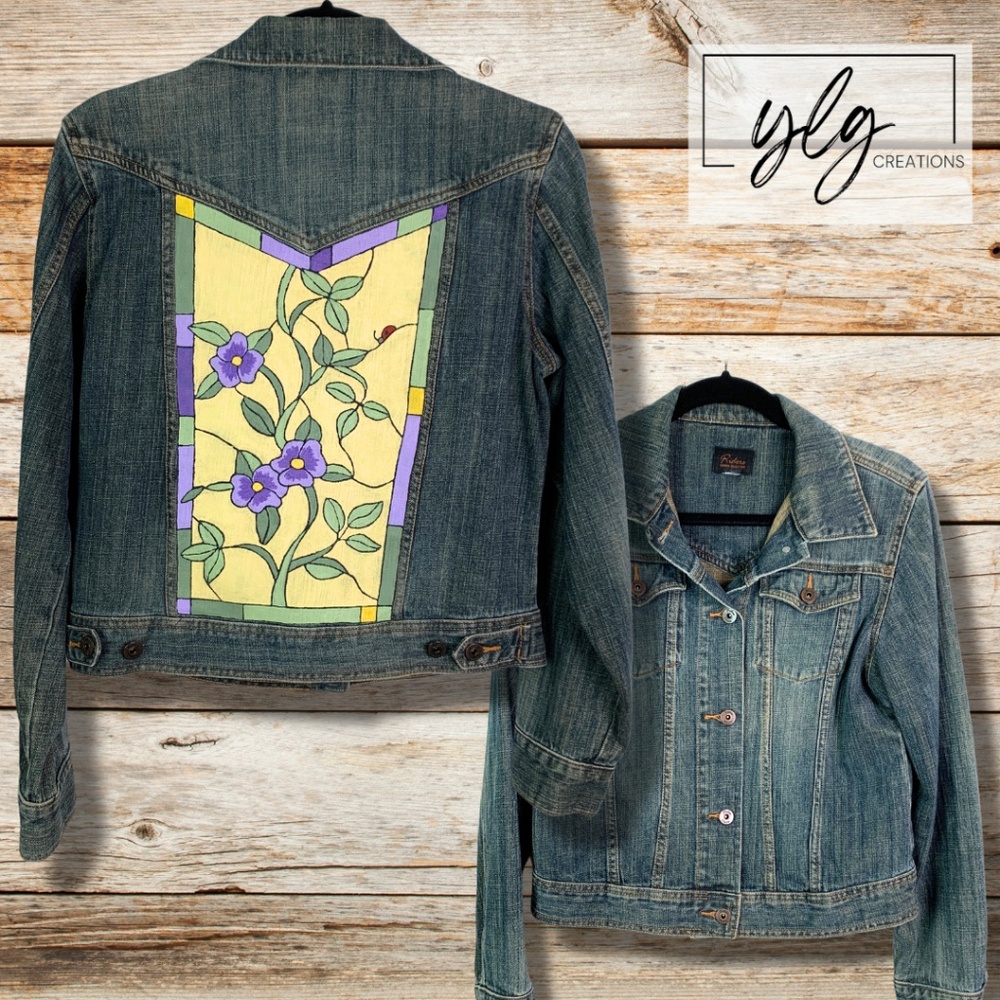 Floral Denim Jean Jacket Hand Painted Pansy Wearable Art Country Garden Girl